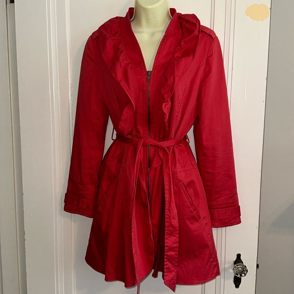 Elle red ruffle & zip front all weather or rain cotton/spandex short coat